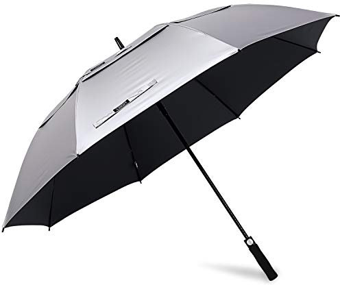 G4Free - Paraguas de golf de 173 cm, protección UV, apertura automática, doble toldo, extragrande, resistente al viento, paraguas de lluvia y sol, plateado/negro