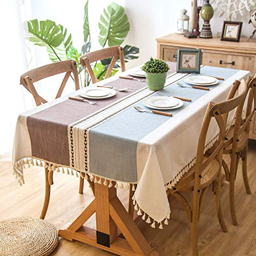 Lanqinglv Quaste Tischdecke 140x240 Abwaschbar Baumwolle und Leinen Tischtuch Braun/blau Tischdecke Rechteck Couchtisch