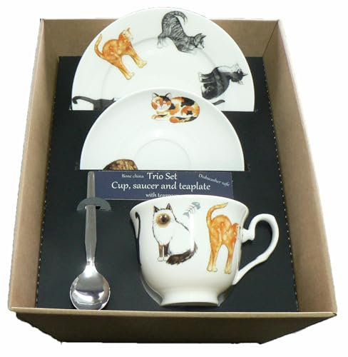 crackinchina Cats trio set. cup & saucer with teaspoon and matching tea plate gift boxed