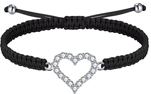 J.Endéar Herz Armband Damen Mädchen Silber 925 Zirkonia, Handgefertigte filigrane Kordel Armband Verstellbar 16+8cm, Frauen Weihnachten Geburtstagsgeschenk, Schwarz