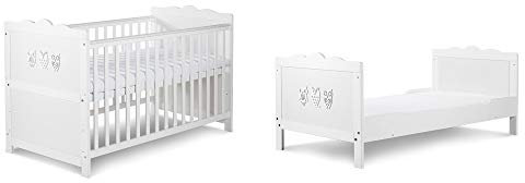 Clamaro 'Marsell 140x70' 2in1 Babybett (Gitterbett) und Kinderbett in einem - Baby Holzbett mit 3-Höhen und 2 herausnehmbaren Schlupfsprossen oder als Jugendbett umbauen - Farbe: Weiß/Eulen Motiv