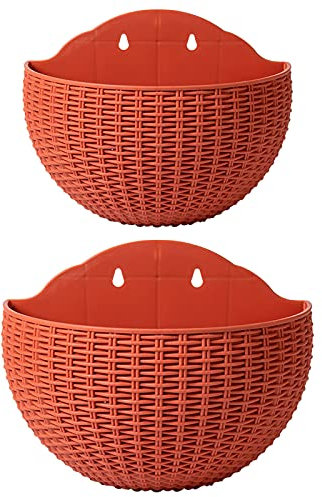 SENCC Lot de 2 Pots de Fleurs à Suspendre en Demi-Cercle avec Trou de Drainage et Crochets, en Plastique pour Jardin, clôture de Balcon (Rouge Brique)