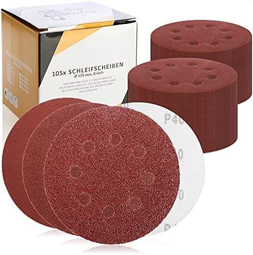 Robin Goods® 105x Exzenterschleifer Schleifpapier 125mm - Schleifscheiben 8 Loch mit Klett - Runde Schleifblätter mit 9 Korngrößen 40/60/80/120/180/240/400/800/2000 (rund - rot)