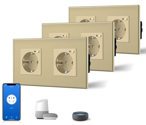 BSEED Schuko Wifi Steckdose 16A Smart Alexa Glassteckdose, 3 er Pack Doppelsteckdose 2 Weg Gold 157mm Unterputz-Installation APP-Steuerung Arbeit mit Alexa/Google Home DIY Free Spin Nur 2.4 GHz