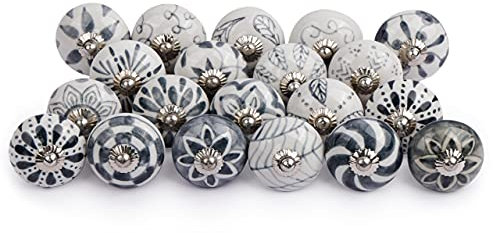 Shah Crafts. Ceramic Door Knobs Grey and White Set of 12 Premium Quality Assorted Designs Handmade Vintage, Shabby Chic, Interior Furniture, Cabinet Cupboard Wardrobe Drawers Pulls Handles