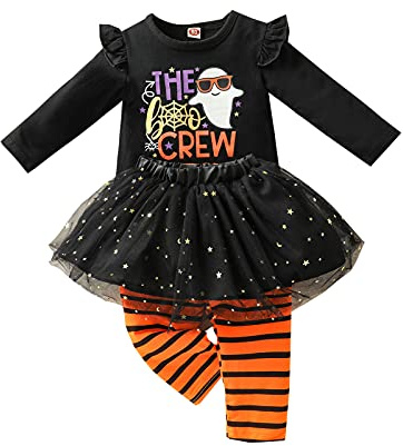 Verve Jelly Bebé niña Ropa de Halloween Volantes Manga larga Tops de calabaza Falda de tutú de tul Pantalones largos a rayas Niños pequeños Trajes de otoño invierno Conjunto de ropa de 3 piezas