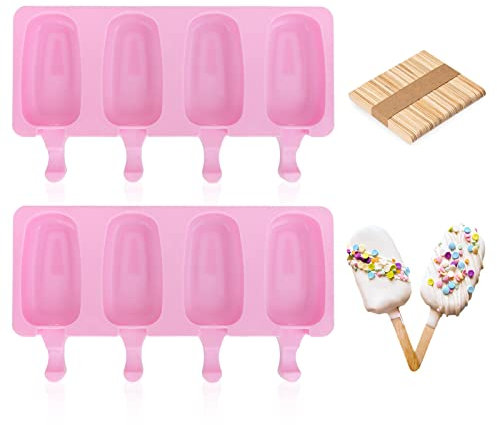 AIXMEET Eisformen Silikon, EIS am Stiel Bereiter, Cakesicles silikonform, Für selbstgemachte Eislutscher, Kuchen, Schokoriegel mit 100 Eisstiele Holz (2 Sets Rosa)