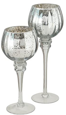 Glaskelch Windlicht Set 2er Groß Kerzenhalter Kerzenleuchter Kerzenständer Teelichthalter - Silber