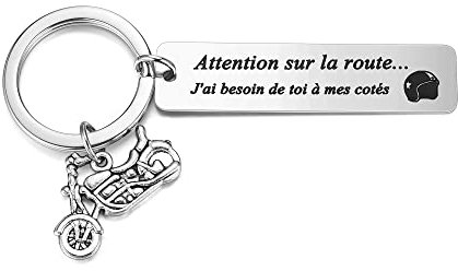 PiercingJak Porte-clés Voiture Personnalisé Attention sur la route J'ai besoin de toi à mes cotés Casque Moto Acier Inoxydable Cadeau Homme Papa Couple Amoureux Amitié Anniversaire-Argent