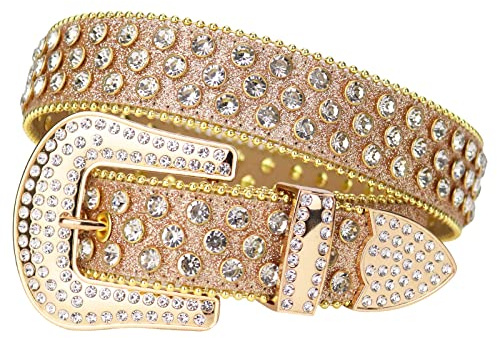 MUKINGBELTS Cowboy-Gürtel für Herren und Damen, luxuriöser Riemen, Leder, glitzernd, Nieten, Westerngürtel, Bling Bling Diamant, Cowboy-Gürtel, Gold, 50: Fit waist from 38-40