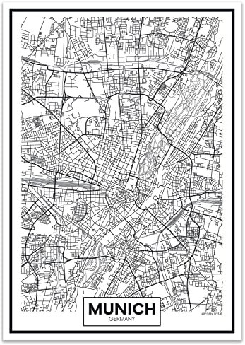 wandmotiv24 Poster als Wanddeko, Größe Din A4, Straßen Karte München, Deutschland, Koordinaten, Reisen, Moderne Wanddeko, Wandbilder, Deko, Bild M0139