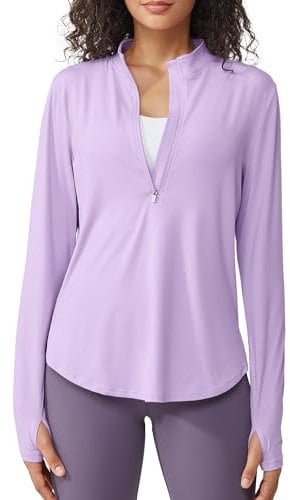 G4Free Long Sleeve Sports T-Shirt Women UPF 50+ Sun Half Zip Shirts Lightweight Quick Dry Workout Tops Running Hiking Breathable Activewear with Thumb Holes Purple
