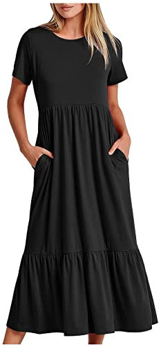 AMhomely Women Summer Casual Short Sleeve Crewneck Swing Dress - Flowy Tiered Maxi Beach With Pockets - UK Ladies Party Elegant Club Cocktail Work Wear, Black, XXL