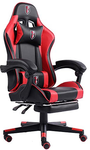 Gaming im Racing-Design mit flexiblen gepolsterten Armlehnen ergonomischer PC Gaming Stuhl in Lederoptik Schreibtischstuhl mit ausziehbarer Fußstütze und extra Stützkissen, Farbe:Schwarz/Rot-Schwarz