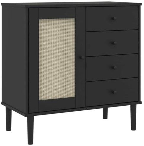 vidaXL Sideboard, Kommode mit 4 Schubladen 2 Fächern, Highboard Wohnzimmerschrank mit Rattan-Optik, Schrank Anrichte Beistellschrank, Schwarz Kiefernholz