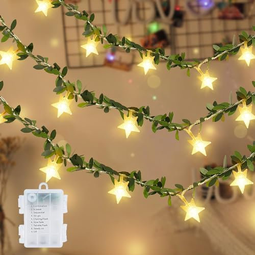 Led Stringa Luci a Batteria 4M 20 LED Edera Artificiale Catena Luminosa Decorazioni Camera da Letto Edera Finta da Interno 8 Modalità Luci per Giardino, Patio, Balcone, Finestra, Interno Decorazione