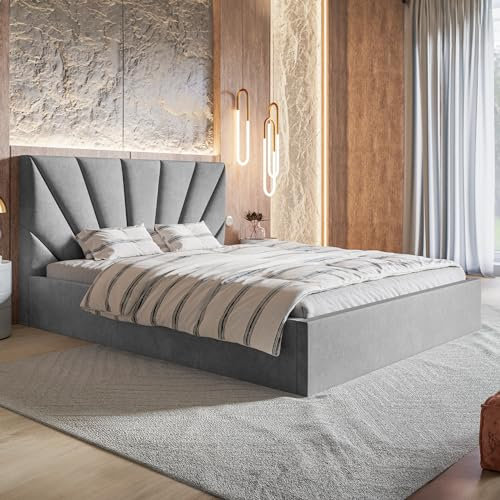MOTIVENA Ines Bett 140x200, Polsterbett 140x200, mit Bettkasten, mit Stauraum, mit Lattenrost, mit Kopfteil, ohne Matratze, Samt, Grau Hellgrau