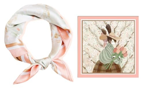 GIMIRO Schal aus imitierter Seide [53 x 53cm] Quadratische Schals Impressionismus-Muster Vintage-Schal für Büroarbeit oder lässigen Bund (Pink - Miss Rabbit)