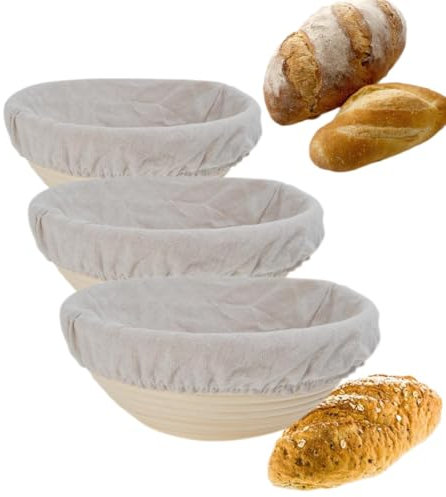 Cesta redonda para prueba de pan, cesta de ratán natural a prueba de pan con forro de tela, cestas de prueba de masa madre para hacer pan, pan artesanal con forro de lino (S+M + L)