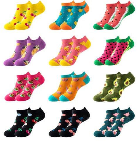 12 Paare Lustige socken, Bunte socken, Bunt Baumwolle Kurze Socken Damen 36-44, socken bunt mit Verschiedene Fruchtmuster, Freizeit und Spaß, Atmungsaktiv und weich