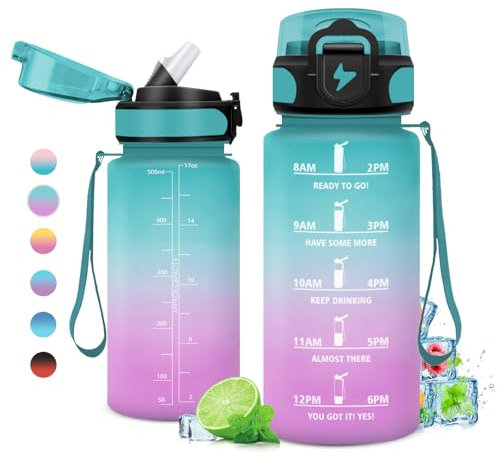 KollyKolla Botella Agua Niño 500ml, Cantimplora Deportiva con Pajita, Botella agua Gimnasio, Reutilizable, sin BPA, Garrafa Agua para Niño, Niña, Colegio, Preescolar, Guardería, Bicicleta, Running