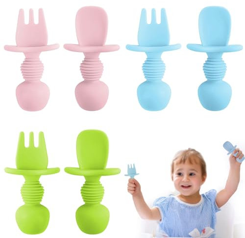 Juego de 6 cucharas de aprendizaje para bebés, juego de cubiertos de silicona, cuchara educativa y tenedor, cuchara de bebé para BLW Baby LED Weaning accesorios, cuchara de aprendizaje