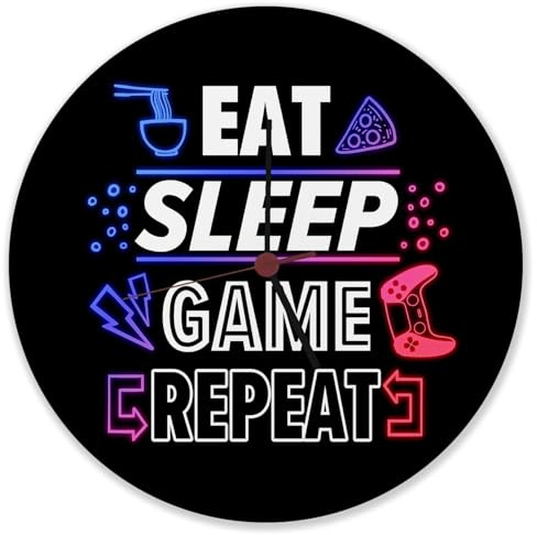 speecheese Eat Sleep Game Repeat Zocker Wanduhr aus Alu Uhr für Spieler und Konsolenspieler mit witzigem Spruch und Neonmotiv Dekoration für das Gamerzimmer