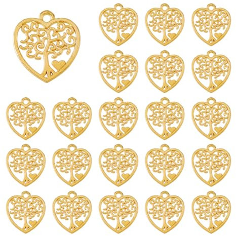 DICOSMETIC 80 ciondoli a forma di cuore con albero della vita, in lega d'oro, in stile tibetano, per fai da te, per creare gioielli