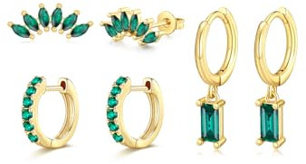 PiercingJak Ohrringe Gold Set 14K Vergoldete Ohrstecker Grün Zirkonia Ohrringe für Damen Hängend Huggie Creolen Kleine Hoop Ringe Helix Tragus Ohr Piercing für mehrere Ohrlöcher, 3 Paar