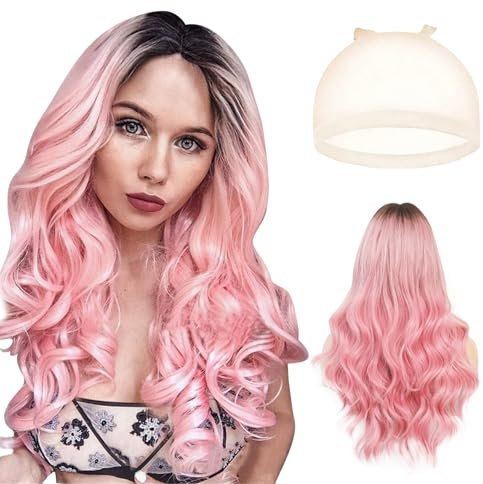 JSTHHTT 26 Zoll Lange Gewellt Blassrosa Perücken für Frauen, Ombre Perücke, Lange Natur Lockig, Synthetische Haar Perücken, Hitzebeständig Perücke, für Tägliche Party Cosplay Verwendung (Black-Pink)