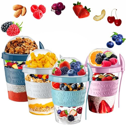 Vingardium Leviosa Yogurt Pots Reusable 20 Oz Overnight Oats Container with Lid & Spoon BPA free Breakfast Pots to GO Cereal On the Go Dishwasher Safe Lunch Oatmeal Jars (Set of 4 (New))