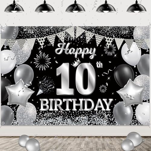 10 Geburtstag Deko MäDchen Jungen - Happy 10th Birthday Banner Hintergrund Schwarz Silber, Extragroß Geburtstagsbanner aus Stoff für Kinder 10 Jahre Drinnen Draußen (180 X 110cm)