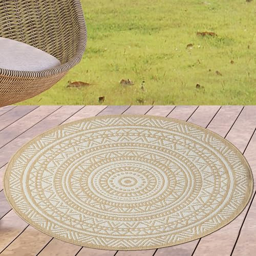 CARPETIA Terrassenteppich Outdoorteppich Wohnzimmer Garten Teppich Zeitloses Mandala-Design in natürlichem Beige und Weiß, 120 cm Rund