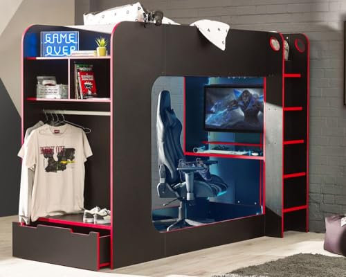 happybeds Gaming Bunk Bed, Impact Black and Red Wooden Gaming Bunk Bed (Black and Red, 3FT - Memory Foam Mattress)