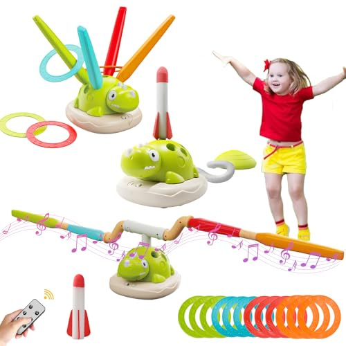 DAOUZL Jeu Extérieur 3 en 1 pour Enfants dès 3 Ans, Jouets de Sport pour Enfants avec Saut Musical, Lancer d'Anneaux et Lance-Fusées, Jouets d'intérieur et d'extérieur pour Enfants de 3 Ans et Plus