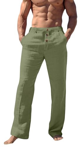 Leinenhose Herren Sommer Leichte Hosen Lang Sommerhose Baggy Freizeithose Leinen Baumwolle Hose Schlichter Einfarbig Stoffhose Lässige Urlaub Strandhosen Bequeme Jogginghose Männer(Armeegrün,XXL)