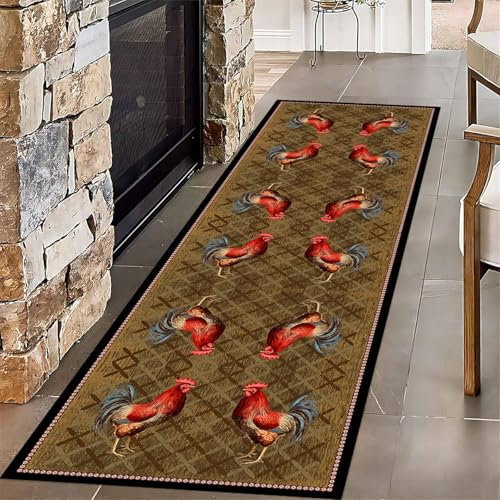 ZLXMN Indoor Decor Red Rooster Runner Rugs Hallway 120x360cm Vintage Moroccan Trellis Door Runner Mat Indoor Decor for Kitchen Bedroom Carpet Foldable Rubber Backed Machine Washable Carpets
