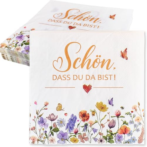 ENYACOS 40 Stück Servietten Schön Dass Du Da Bist – Vintage Blumen Servietten 33x33 cm – Servietten Hochzeit, Geburtstag, Taufe, Gartenparty, Frühling – Tischdeko Geburtstag (A)