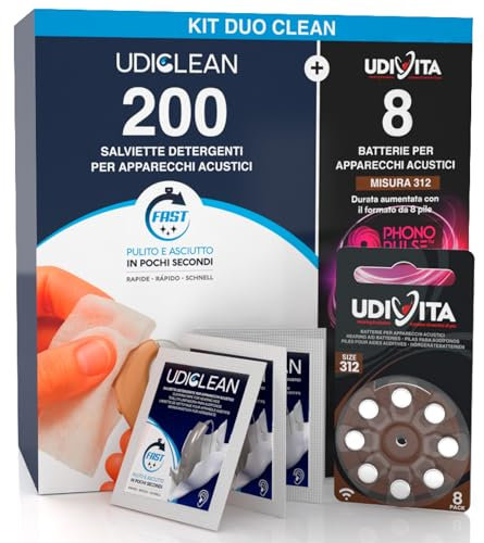 8 Piles pour Appareils Auditifs Taille 312 PR41 Marron Technologie Phono Pulse + 200 Udiclean Lingettes Nettoyantes Nettoyage Appareils Auditifs Ecrans Lunettes Format Poche - Kit Duo Clean