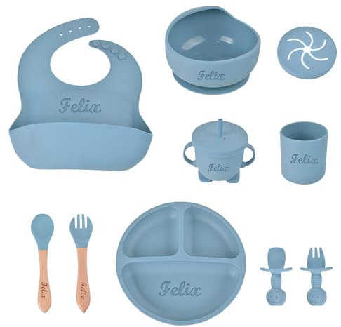 Set de Alimentación para Bebé de Silicona Personalizado con Nombre Grabado | Juego de 10 Piezas BLW Babero, Vaso, Plato Divisorio, Bol, Cuchara & Tenedor | Vajilla para Bebés y Niños