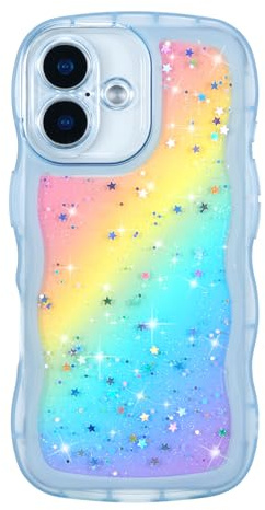 ZTOFERA Sparkly Glitter Case for iPhone 16 (6.1), Rainbow Blue | Curly Wave Frame Shape, Bling Sparkle Star, Clear Soft TPU Back Cover, Lightweight, Shockproof Protective Bumper Cover