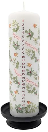 Alison Gardiner Merry Christmas Holly & Ivy Advent Pillar Candle, 70hr Burn | Handmade in England large wax countdown candle, Merry Christmas Holly and Ivy; unscented mantel display; 70-hour burn.