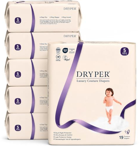 Baby Nappies Size 5 DRYPER 114ct Oeko-TEX Hypoallergenic Diapers 13-18kg | Day & Night Vegan Ultra-Dry Eco Diapers, High Absorbency Lock, Ultra-Thin, Flexi-Fit Comfort for 13-18kg+, Monthly Pack.