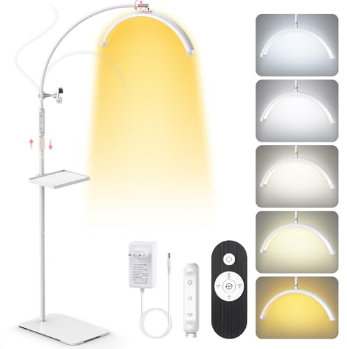 Adonafy LED Halbmond Wimpern Lampe: Faltbar Wimpernverlängerung Lampe | 3 Farben Dimmbar Höhenverstellbar 18 Halbmond Lampe mit Handyhalter & 360° Drehbarer Lichtkopf WimpernTattoo - Weiß