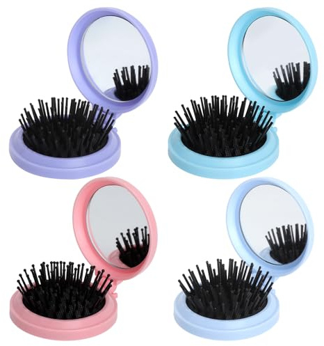 4 Stück Mini Haarbürste Klappbar mit Spiegel, Reisebürste Faltbar, Mini Bürste für Handtasche, Klappbürste als Kleine Haarbürste Set, für Frauen & Mädchen (Pink Blau Grün Lila)
