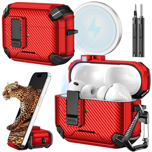 Inesore for AirPods Pro 3 Hülle (2025) with Phone Stand Design, Carbon Fiber Texture Design, Auto-Locking Case Cover for Air Pods Pro 3rd with Cleaning Kit & Keychain, Red