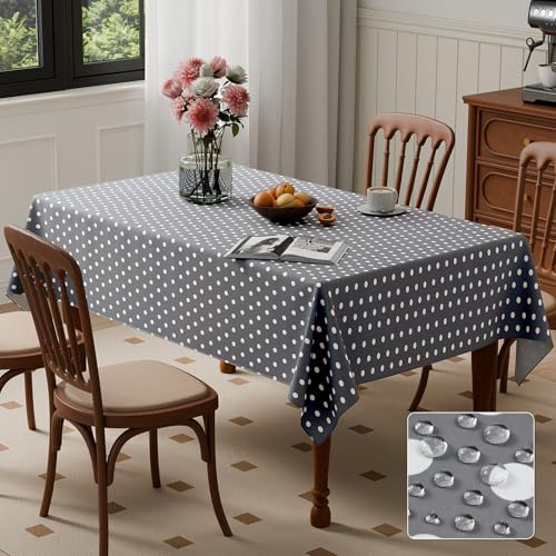 Kmhesvi Large Rectangular Wipe Clean Tablecloth Table Cover 300cm x 150cm | Wipeable Water Resistant Polyester Tablecloth, Polka Dot Grey White, 118x59 Inch