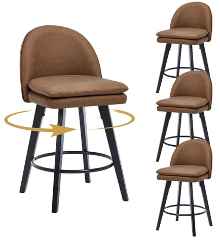 Chummaven Tabouret de Bar Pivotant Lot de 4, Chaise de Bar Cuisine Moderne en Cuir PU, Chaise Haute Bar Rembourrée avec Dossier Pieds en Bois, Hauteur d'Assise 65 cm pour Îlot Central, Marron