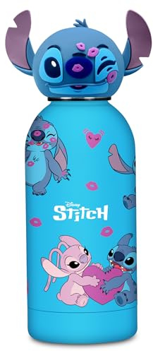 Seven Borraccia con tappo sagomato LILO & STITCH, Blu, 350 ml, Acciaio Inox, BPA free, Ermetica, Caldo 12h/Freddo 24h, A prova di perdite, Scuola, Sport, Viaggio, Per bambini, Idea regalo