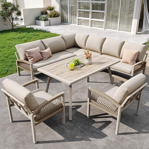 Yrxin Garden furniture set, Furniture Set for 8 People, Ropework, Large Table with Wood Grain Finish, Galvanized Iron Frame, Adjustable Legs, All Seat and Back Cushions Included (Beige, 234x179x86CM)